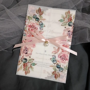 50X בוהו פרחוני קלף הזמנות לחתונה עם המעטפה שקוף כרטיסי הטקס Sweet 16 מסיבת יום הולדת