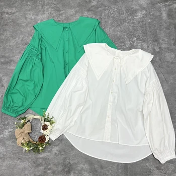 בציר גדול גודל כותנה ארוך פנס שרוול החולצה הלבנה רטרו שיק אופנה קוריאנית יפן מתוק Kawaii בסיסי ירוק חולצה חולצות
