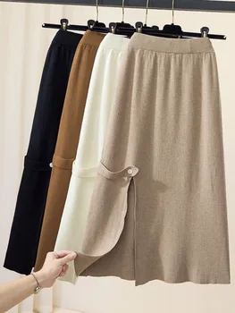 סתיו חורף סרוגים חצאיות משרד גבירותיי אלגנטית טמפרמנט באיכות גבוהה מוצק חצאיות קוריאנית גבוה מותן חצאית נשים בגדים