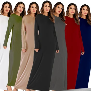 7Color שרוול ארוך Abaya טורקית דובאי לנשים מוסלמיות שמלה מוצקה מודאלית Kaftan הערבית האסלאמית-מסורתית בגדים S-2XL