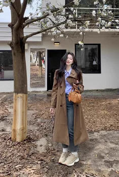 2023 סתיו חדש קארי המעיל של הנשים אופנה קוריאנית אמצע אורך סוף גבוה חגורת המותניים עטוף מעיל נשי ביגוד