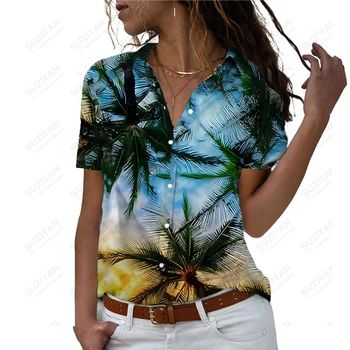 החוף של נשים כפתור החולצה בציר העליון אופנה עץ קוקוס החוף הדפסה הוואי קיץ קליל משוחרר צווארון שרוול קצר חולצה