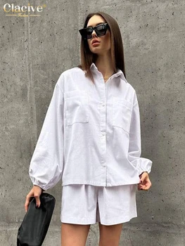 Clacive אופנה חופשי כותנה לבן 2 ערכות קטע נשים תלבושת 2023 אלגנטי שרוול ארוך חולצה עם גבוהה המותניים קצר סטים נקבה