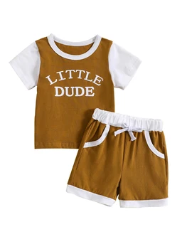 תינוק תינוק בגדי קיץ ניגודיות צבע מכתב הדפסת החולצה T מקסימום אלסטי התינוק קצרים חמוד היילוד תלבושת (אפור 0-6
