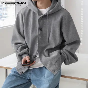 קוריאה סגנון Mens מוצק רפויים המכוסה על כפתור עיצוב סוודר קליל כל משחק חם מכירת חולצות S-5XL INCERUN מקסימום 2023