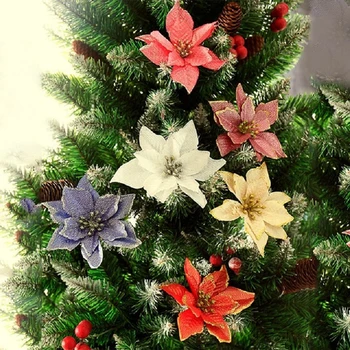 10pcs לטפס פרחים מלאכותיים 13cm חג המולד שמח עץ קישוטי נצנצים בד פרחים לכבוד השנה החדשה מסיבת חתונה עיצוב הבית