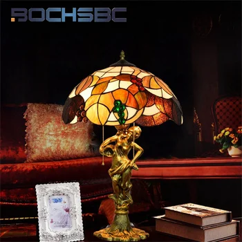 BOCHSBC טיפאני צהוב ענבים מנורת שולחן בסגנון רטרו ביוטי ארט דקו בר מועדון סלון, חדר לימוד חדר השינה ליד המיטה מנורת שולחן מתנה