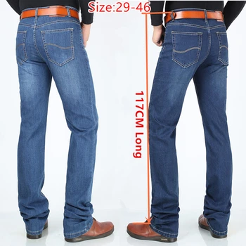 תוספת מכנסיים ארוכים 117CM גברים גבוהים 195CM בתוספת גודל 42 44 46 כחול קלאסי נמתח גבוה עם קו מותן אלסטי מכנסיים ג 'ינס סלים ג' ינס