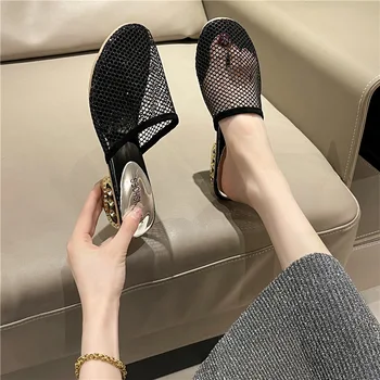 Baotou נעלי נשי 2023 קיץ בחוץ ללבוש בינוני העקב אופנה הגירסה הקוריאנית של החלקה מחוררת בתוספת גודל נשים נעלי