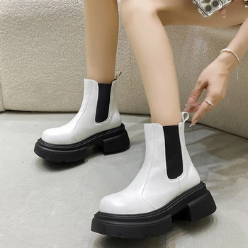 נעלי נשי 2023 חם מכירה הקרסול של נשים מגפי פלטפורמה מודרנית מגפי נשים מוצק Slip-on עגול הבוהן Fretwork העקבים נעלי נשים