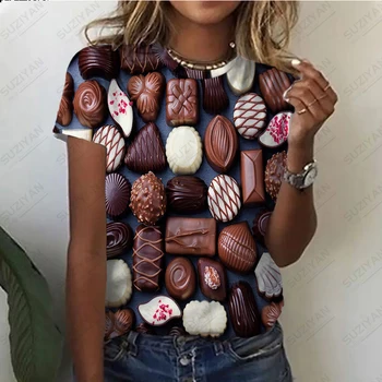 חדש קיץ נשים גדולות של רטרו מזדמן סוכריות שוקולד אופנה סביב צוואר קט שרוול קצר הדפסת 3D חופשי העליונה עיצוב 5XL