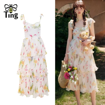 Tingfly קיץ פרחוני אופנה גברת מתוקה הילדה לקשור לקשור קפלים מידי זמן הלבוש Frence שיק Vestidos Elbise קיציות