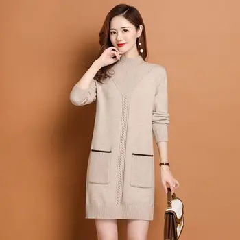 סתיו חורף סרגה סוודר שמלת סוודר נשים רופף חולצות שרוול ארוכות, קוריאנית שחור סוודרים, שמלות נשיות Vestido Feminino