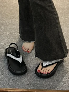 בצבע בז ' עם עקבים סנדלים 2023 קיץ חוף נעלי נעלי טריז נעלי בד פלטפורמת כל-התאמה לרפואה כפכפים נשים שחורות נוחות גבוהה