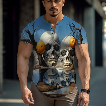 2023 חדש קיץ אופנה מזדמנת גברים חולצה שרוול קצרה אימה הגולגולת 3D הדפסת חולצה מסיבה במשרד חולצה בתוספת גודל צמרות