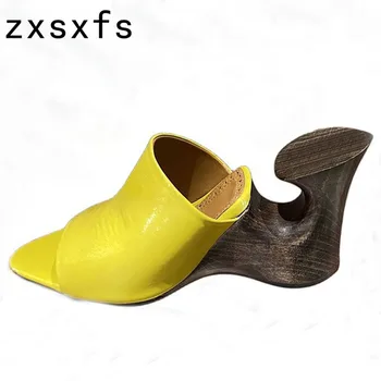 הקיץ עץ מוזר עקב מחליק עור אמיתי נשים נעלי Squine גבוה העקב צד נעלי נשים 2023 המודרני החדש סנדלים