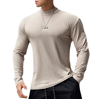 2023 סתיו מזדמן רזה חולצת גברים שרוול ארוך מוצק החולצה מכון כושר פיתוח גוף Tees מקסימום זכר האופנה בגדים עם פסים