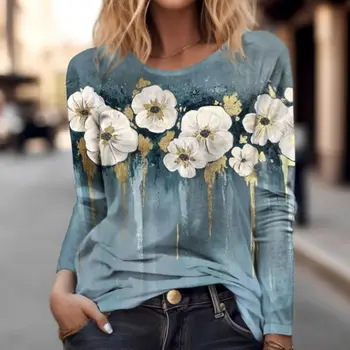 מותג החדש של נשים סתיו חולצה 3D פרחים מודפסים קט שרוול ארוך אופנה סביב צוואר מזדמן ברחוב כותנה רופף חולצת טריקו