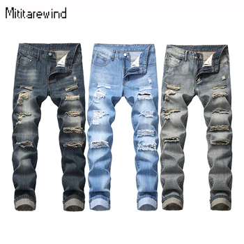 ארבע עונות רחוב סיבתי חור במכנסיים מוצק ישר סלים ג 'ינס אופנה ג' ינס קרועים תכליתי גברים מכנסיים Y2k אופנת רחוב