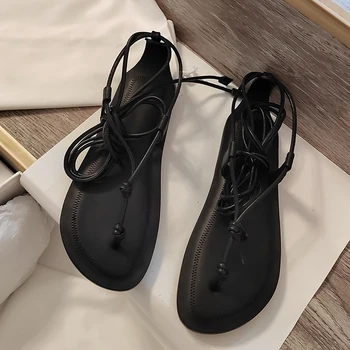 סנדלי נשים 2023 יוקרתי עור אמיתי הרומית דק רצועת קרסול נעליים, מעצב אופנה שטוח נעליים Zapatillas דה Mujer