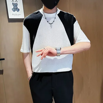 אופנה קוריאנית טלאים טי-שירט לגברים שרוול קצר רופף החולצה מקרית צוואר עגול חברתית אופנת רחוב טי חולצות גברים ביגוד