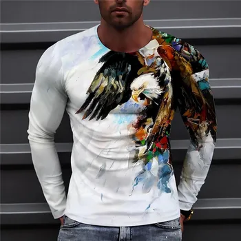 חולצת הטריקו של הגברים עיט צבוע ביד דפוס מזדמן חולצות שרוול ארוך גרפי אופנת רחוב חולצות 3D חיה הדפסה בגדים