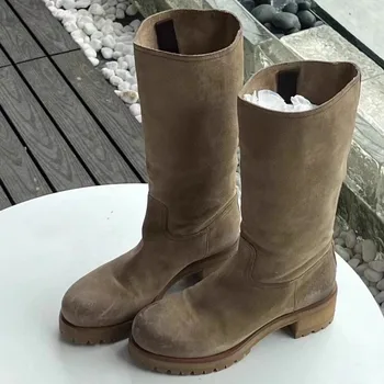 2023 חאקי שמנמן עקבים נעלי נשים עור אמצע שוק אביר מגפיים ללבוש עמיד Botas Mujer ראש עגול החורף Sapatos Feminino