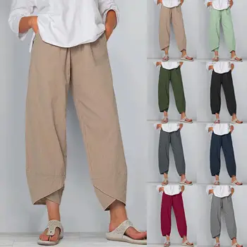 הקיץ של נשים מזדמנים מכנסיים רחבות מוצק צבע פוליאסטר נוח לנשימה אלסטי המותניים מכנסיים בכל יום נוסעים ללבוש.