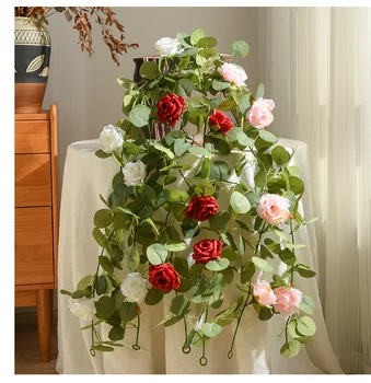 1.7 מ ' מזויף אדמונית רוז גפנים פרחים מלאכותיים גרלנד אקליפטוס תלוי צמח החתונה קשת דלת צד שולחן תפאורה חג המולד