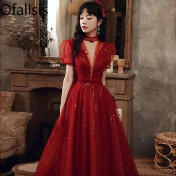 Ofallsis אדום צוואר V נצנצים על שמלת הכלה 2023 קיץ חדש אלגנטי עדין חתונה אירוסין שמלות ערב המסיבה נקבה