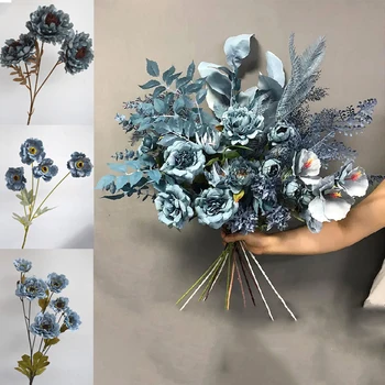 ערפל כחול פרחים מלאכותיים אדמונית רוז פרחים מזויפים אקליפטוס עלה צמחים DIY סלון עיצוב הבית גן חתונה קישוט