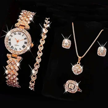 5PCS להגדיר שעון נשים טבעת שרשרת עגילי יהלומים מלאכותיים אופנה שעון יד נשי מזדמן גבירותיי שעונים צמיד להגדיר שעון