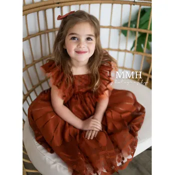 לפרוע את שמלת נסיכה לצילומים אביזרים חלודה תחרה אדומה ילדה ילד פרחים תלבושת סתיו צילום השמלה אביזרים Vestido