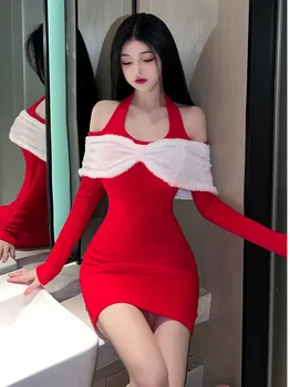2023 האביב החדש של הנשים סקסי חריף ילדה חג המולד אווירה תלוי צוואר מחשוף גב ארוך שרוול סלים עטוף ירך שמלה 6V4P