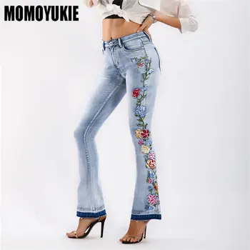 נשים גמישות בל-מכנסי ג 'ינס בסגנון וינטג מתיחה מכנסיים נשים ג' ינס רקמה פרחונית שוחרר שולי נור ג ' ינס