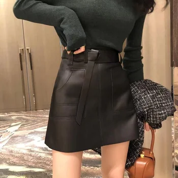 חצאית עור באביב ובקיץ נשים קטנות חצאית עור 2021 תיק חדש היפ חצאית קוריאנית סלים גבוהה המותניים שחור קו החצאית.
