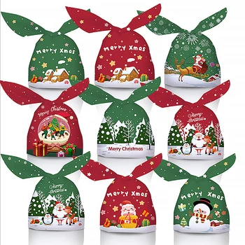 50pcs אוזן ארנב סוכריות חג המולד שקיות פלסטיק מצויר סנטה קלאוס, איש שלג ממתקים שקיות עוגיות חג המולד מתנות אריזה אספקה