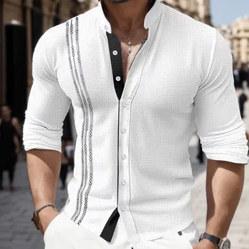 גברים חולצות רקומות חולצת שרוול ארוך לגבר בסגנון אתני לעמוד צווארון מזדמן 2023 פשוטה הקיץ כפתור החולצה נאה העליון