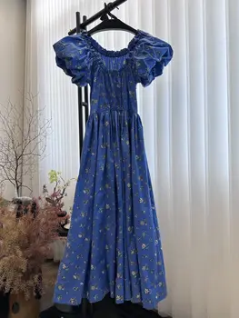 חדש הורד הכחול הדפסה בסגנון נסיכה זמן פאף שרוול שמלת